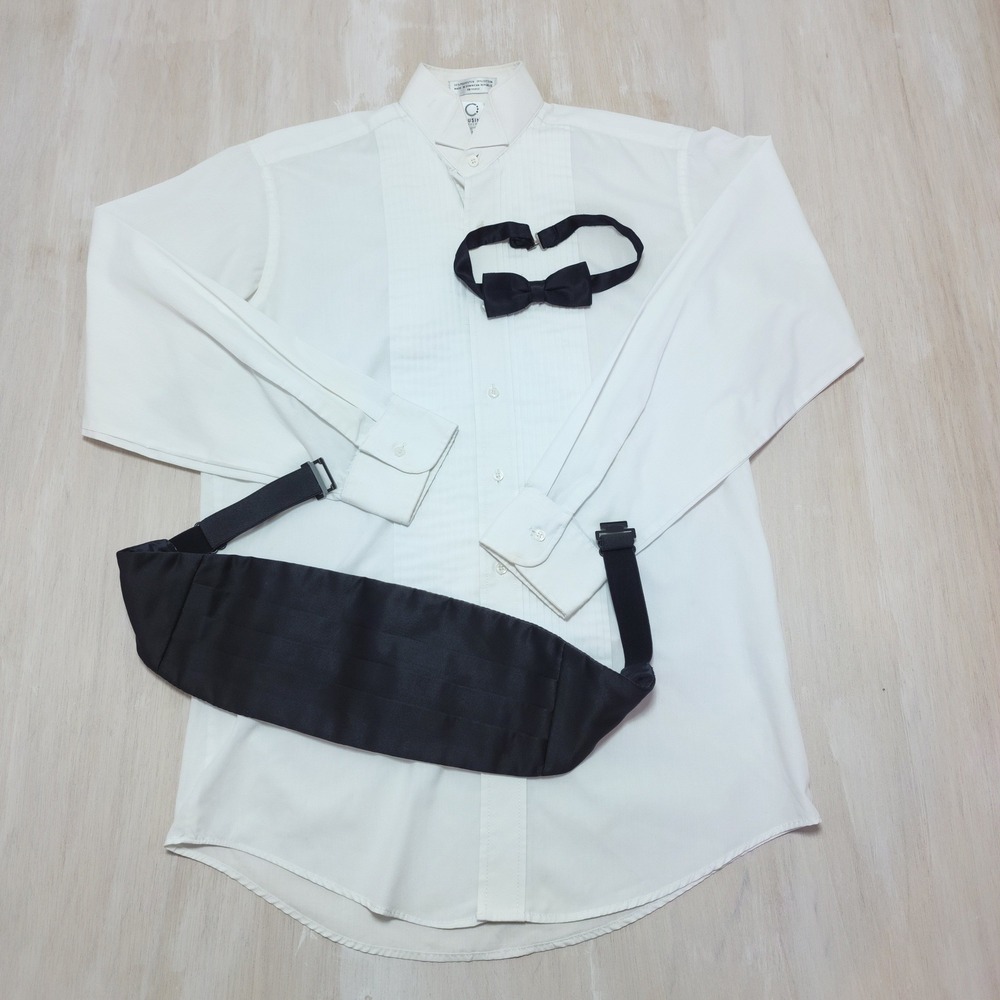 Cousins Formalwear Mens White Pleated Tuxedo Shirt BowTie Cummerbund 32-33 Small